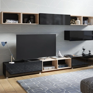 Meblościanka Apulia XXVI czarny połysk / dąb artisan wyjątkowo stylowa meblościanka proste bryły wpisujące się w każde wnętrze