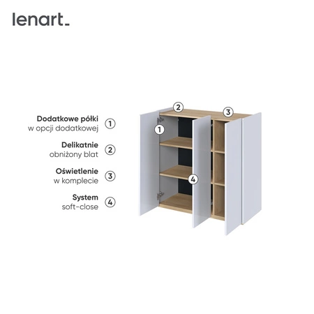 Komoda Easy 95 cm biały połysk / dąb scandi praktyczna i pojemna komoda z designerskim obniżonym blatem wykonana z dbałością o detale