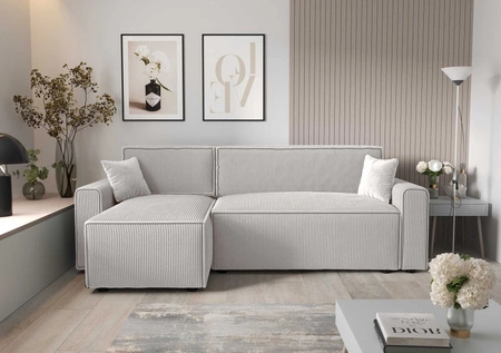 Narożnik z funkcją spania Brandon Bis kość słoniowa lewostronny trójwymiarowa tkanina o wyrazistych prążkach pojemnik na pościel