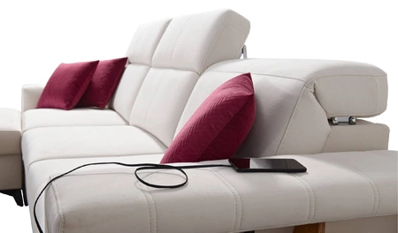 Narożnik z funkcją spania Bresso szary popiel lewostronny narożnik z praktyczną półką w kolorze dąb lancelot regulowane zagłówki