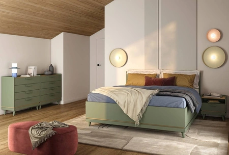 Zestaw mebli do sypialni Scandia zielony / dąb olejowany eleganckie i uniwersalne meble na wysokich nogach do sypialni pojemne szuflady