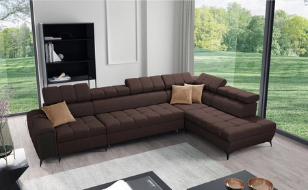 Narożnik z funkcją spania Bolmso XI brązowy prawostronny stylowy design narożnik rozkładany z szufladą i pojemnikami na pościel