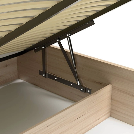 Łóżko Cali 180x200 cm dąb artisan / czarny z pojemnikiem to idealne łóżko do sypialni tapicerowany zagłówek ozdobne lamele na łóżku