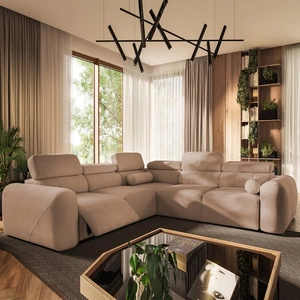 Narożnik z funkcją spania Cantare III Lux łososiowy lewostronny stylowy i komfortowy narożnik do salonu z podnoszonym podnóżkiem