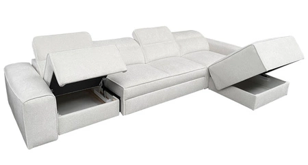 Narożnik z funkcją spania Viano XII szary prawostronny stylowy narożnik o ciekawym kształcie regulowane zagłówki ozdobne poduszki