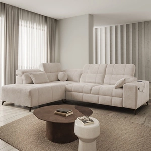 Narożnik z funkcją spania Penejos VII beżowy lewostronny stylowy narożnik z pojemnikiem na pościel wygodne regulowane zagłówki