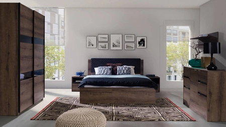 Łóżko Denver 160x200 cm z pojemnikiem na pościel dąb monastery / czarny idealne łóżko do sypialni częściowo tapicerowany zagłówek