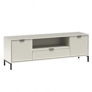 Szafka RTV Linka 165 cm beżowa stylowy design ozdobny wzór na frontach w postaci frezowanych ryfli czarne uchwyty krawędziowe