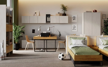 Zestaw mebli Teen Flex hikora naturalna / silk flou / raw steel designerskie meble do pokoju rodzeństwa kompaktowe biurka z szufladami