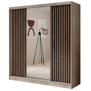 Szafa przesuwna z lustrem Ida 200 cm dąb sonoma jasny / czarny stylowe lamele zdobiące drzwi szafy wnętrze wyposażone w pojemne szuflady