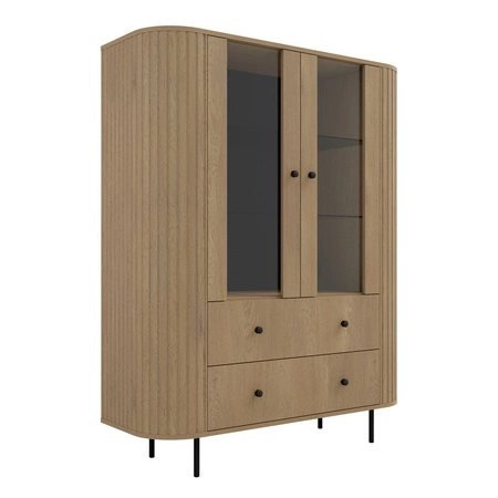 Witryna Ovalio 123 cm dąb cremona designerska witryna do salonu o owalnym kształcie z dekoracyjnymi frezowaniami pojemne szuflady