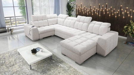 Narożnik z funkcją spania Luigi IV jasny beż prawostronny elegancki narożnik do salonu wykonany z miękkiej tkaniny typu velvet