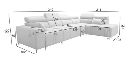 Narożnik z funkcją spania Castel XI grafitowy prawostronny komfortowy narożnik z pojemnikiem na pościel wytrzymała tkanina