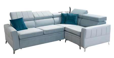 Narożnik z funkcją spania Rava II szary popiel prawostronny velvet wygodny narożnik z pojemnikiem na pościel wielofunkcyjna lampka