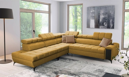 Narożnik z funkcją spania Bolmso IX musztardowy lewostronny komfortowy narożnik do salonu z szufladą pojemniki na pościel stylowy design