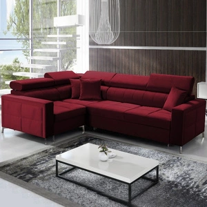 Narożnik z funkcją spania Nausa II bordowy lewostronny velvet dekoracyjne przeszycia na siedzisku narożnik z pojemnikiem na pościel