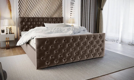Łóżko tapicerowane Viamao 160x200 jasny brąz z pojemnikiem w nowoczesnym skandynawskim stylu z pikowanym wezgłowiem oraz zanóżkiem