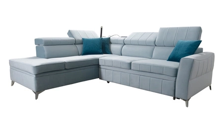 Narożnik z funkcją spania Rava III lawendowy róż lewostronny velvet komfortowy narożnik z regulowanymi zagłówkami i pojemnikiem na pościel