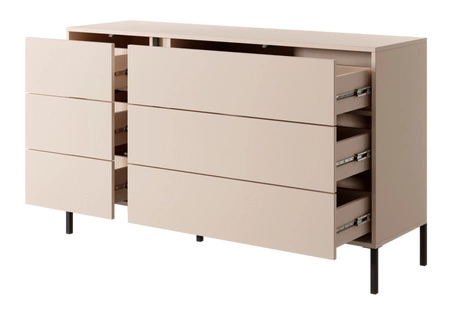 Komoda z szufladami Beloit 137 cm beżowa nowoczesna forma oryginalne pionowe podświetlenie LED komoda wsparta na metalowych nogach