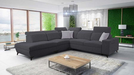 Narożnik z funkcją spania Kelly Sleek IX grafitowy lewostronny stylowy narożnik z wygodnymi podłokietnikami i regulowanymi zagłówkami