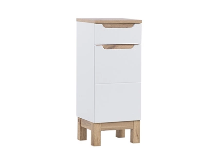 Zestaw mebli łazienkowych Bali biały połysk / dąb wotan nowoczesne szafki do łazienki stylowe frezowane uchwyty stabilna podstawa