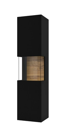 Witryna Ava 36 cm czarna / dąb wotan elegancka witryna do salonu z możliwością powieszenia prosta bryła idealna do każdego wnętrza