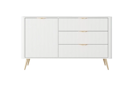 Komoda z szufladami Lante 138 cm biała elegancka komoda o zaokrąglonym kształcie wsparta na metalowej podstawie stylowe uchwyty