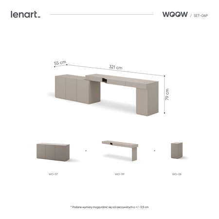 Biurko z kontenerkiem i komodą Woow 321 cm clay grey prawe praktyczne i uniwersalne biurko z szufladami z opcją obustronnego montażu