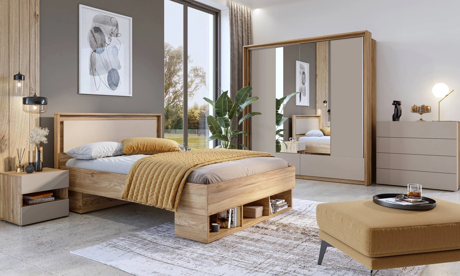 Łóżko Impressio 160x200 cm w kolorze dąb mauvella / ciemny beżowy