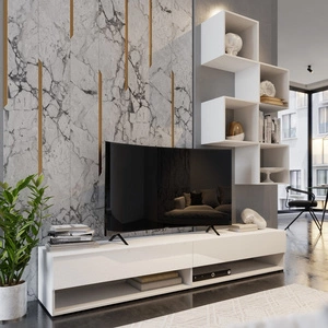 Meblościanka Nestorio biała / biały połysk stylowy design meblościanki wpisujący się w każde wnętrze szafka RTV z możliwością powieszenia