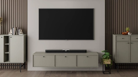 Szafka RTV wisząca Kioto IV 180 cm eukaliptus stylowy design podkreślony subtelną kolorystyką szafka z drzwiami otwieranymi do dołu