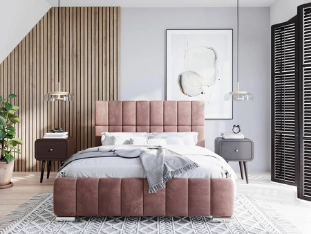 Łóżko tapicerowane Amby 140x200 pudrowy róż stylowe łóżko z pojemnikiem na pościel wygodny zagłówek zachwyca eleganckim designem