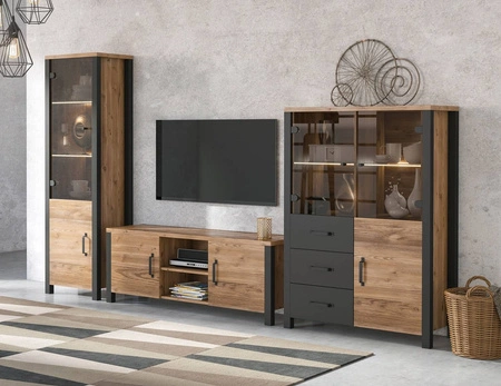 Witryna niska Olin 101 cm appenzeller / czarny nowoczesny design czarne uchwyty witryna w stylu industrialnym szkło hartowane