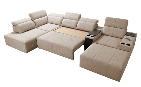 Narożnik z funkcją spania Tesalia V zielony prawostronny komfortowy narożnik z szufladą oraz funkcją przesuwanego oparcia