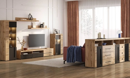 Zestaw mebli Roger dąb wotan / czarny gustowna stylistyka mebli wzbogacona o stylowe czarne dodatki idealna meblościanka do pokoju dziennego