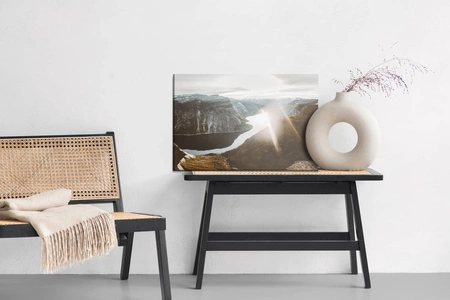 Obraz na płótnie zachód słońca w górach 100x70 cm ozdoba każdego wnętrza obraz w stonowanej kolorystyce wysoka jakość wykonania