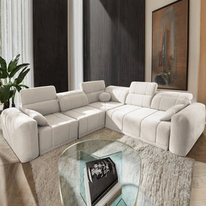 Narożnik z funkcją spania Cetara III kremowy lewostronny ergonomiczny narożnik z przesuwanym oparciem i regulowanymi zagłówkami