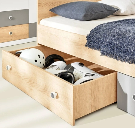 Łóżko z szufladami Pixel 120x200 cm dąb biszkoptowy / biały / szary nowoczesny design łóżka obrzeża wykończone specjalną okleiną ABS