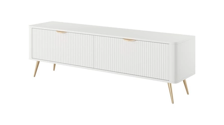 Szafka RTV Lante 163 cm biała designerska szafka pod telewizor w modnym stylu zaokrąglone krawędzie bryły gustowny ryflowany front