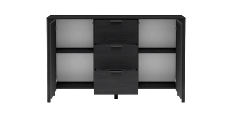 Zestaw mebli do salonu Malumi czarny stylowe meble z wyrafinowanym wzorem jodełki metalowe uchwyty wysoka stabilna podstawa