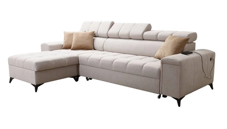 Narożnik z funkcją spania Bolmso brązowy lewostronny narożnik z dwoma pojemnikami na pościel praktyczna szuflada w boczku mebla