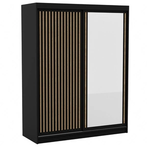 Szafa przesuwna z lustrem Delia 160 cm czarna stylowa szafa z ozdobnymi lamelami w kolorze drewna wpasuje się do każdej aranżacji