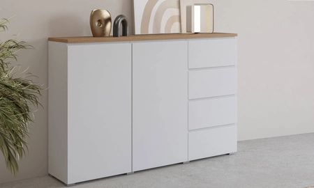 Komoda z szufladami Modo 150 cm biała / dąb mauvella w nowoczesnym wydaniu doskonała propozycja do salonu lub sypialni subtelnie frezowany uchwyt