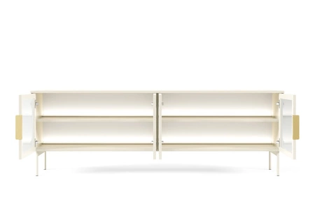 Szafka RTV Lumi 181 cm beżowa designerska stylistyka szafki pod telewizor z przeszklonymi frontami i klimatycznym oświetleniem ledowym