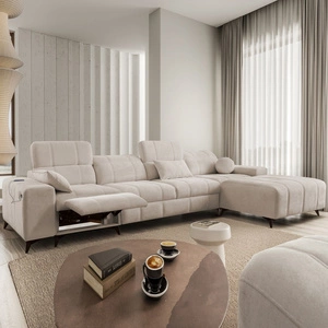 Narożnik z funkcją spania Penejos XII Lux beżowy prawostronny stylowy narożnik rozkładany z komfortowym wysuwanym podnóżkiem