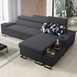 Narożnik z funkcją spania Flavio grafitowy prawostronny komfortowy elegancki narożnik z dostawką otwierany barek w boczku mebla