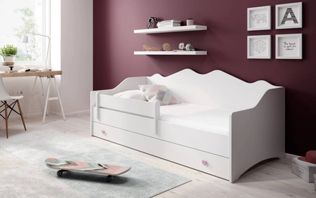 Łóżko Emily 80x160 cm białe dziecięce łóżko z materacem barierka ochronna szuflada z różowymi uchwytami w kształcie serca