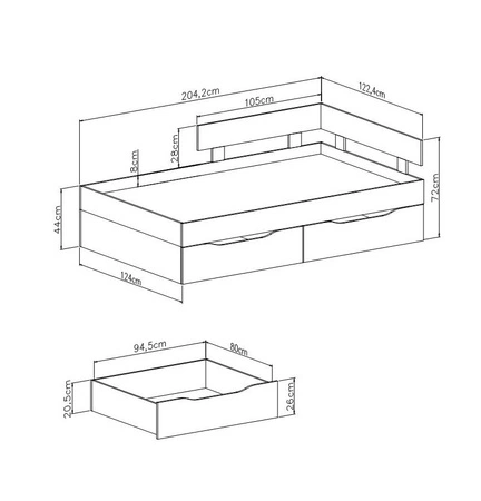 Łóżko z szufladami Epsilon 120x200 cm białe / beton nowoczesny design łóżka obrzeża wykończone specjalną okleiną ABS