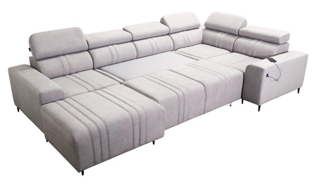 Narożnik z funkcją spania Castel IV szary popiel lewostronny stylowy narożnik z pojemnikami na pościel i regulowanymi zagłówkami