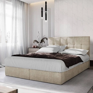 Łóżko kontynentalne Harmony 180x200 beżowy w nowoczesnym skandynawskim stylu z wezgłowiem wykończonym ozdobnymi guzikami